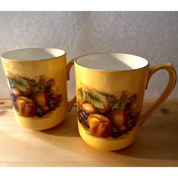 Aynsley Orchard Gold Fine Bone China Coffee Tea Mugs Yellow Fruit Motif Set Of 2 - Picture 7 of 10